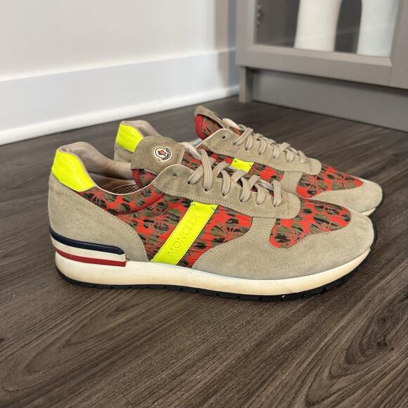Moncler Tan Suede Red Hibiscus Floral Neon Logo Low Top Trainer Sneakers 42 US 9